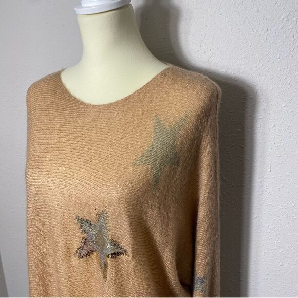 Marisma Made In Italy Wool Blend Knit Sweater Tan W/ Stars Women's One Size - Picture 10 of 13